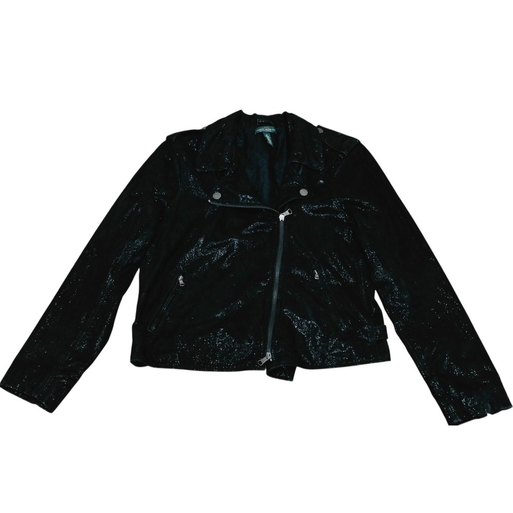 Ralph Lauren LRL Womens 14 Black 100% Leather Moto Biker Jacket Distressed